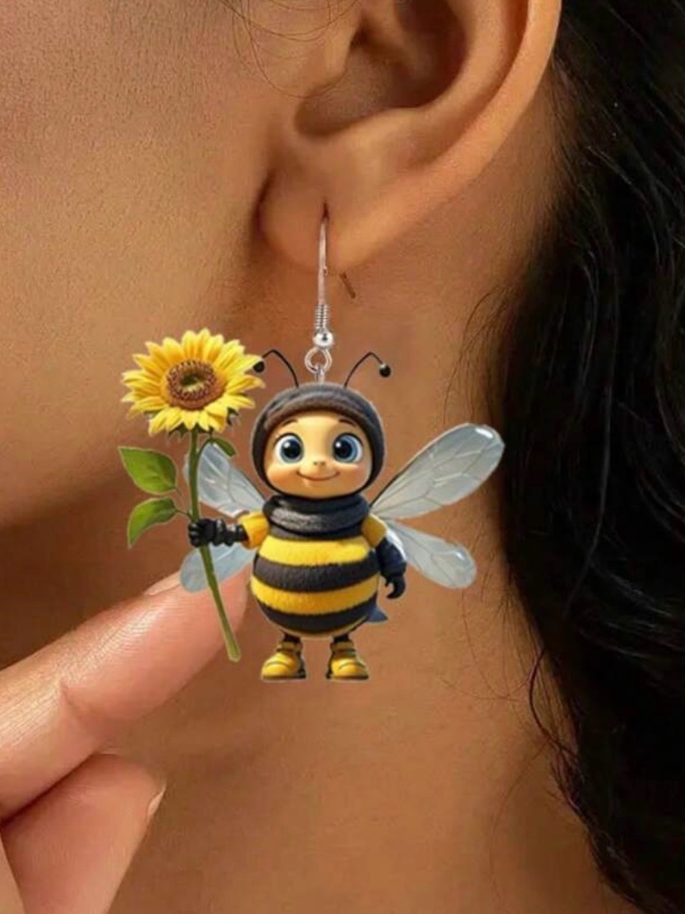 Cute Bee with Sunflower Dangle Earrings - Yellow & Black